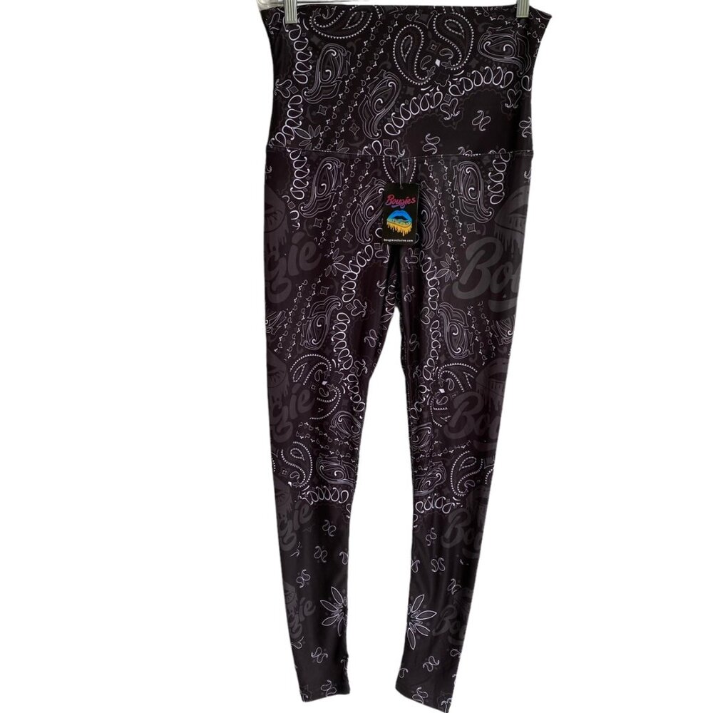 Bougie Boutique Women’s Leggings Size L Large Black White Print Spellout New
